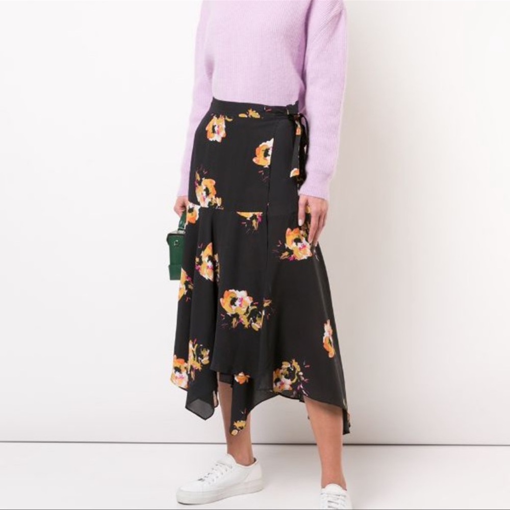 Navy and floral chiffon asymmetric wrap skirt.